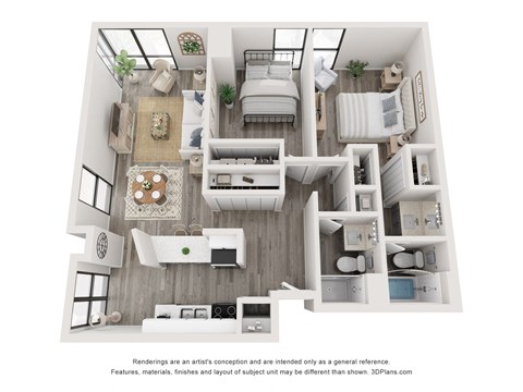 Floor plan for 2 beds, 2 baths, 963 sqft